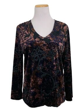 AK Anne Klein Velour Burnout V Neck Top Womens L Black Romantic Velour Witchy